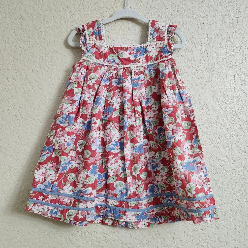 Ralph Lauren Size 24 Months Kid Red Floral Falmouth 100% Cotton Lace Trim Ruffle